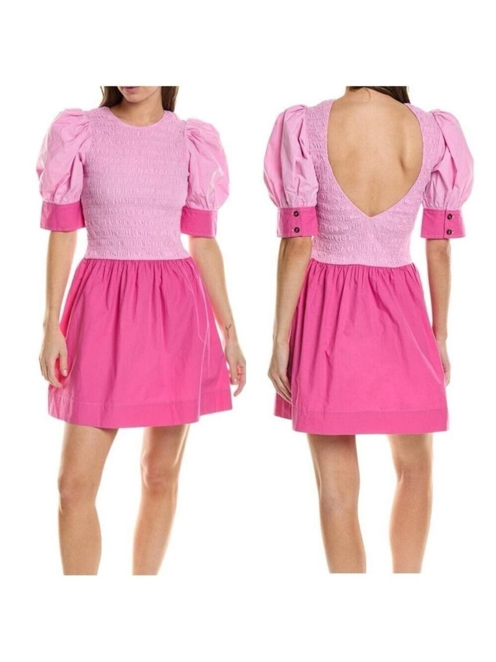 NWT GANNI COLOUR BLOCK Organic COTTON POPLIN SMOCKED MINI DRESS IN PHLOX PINK 38